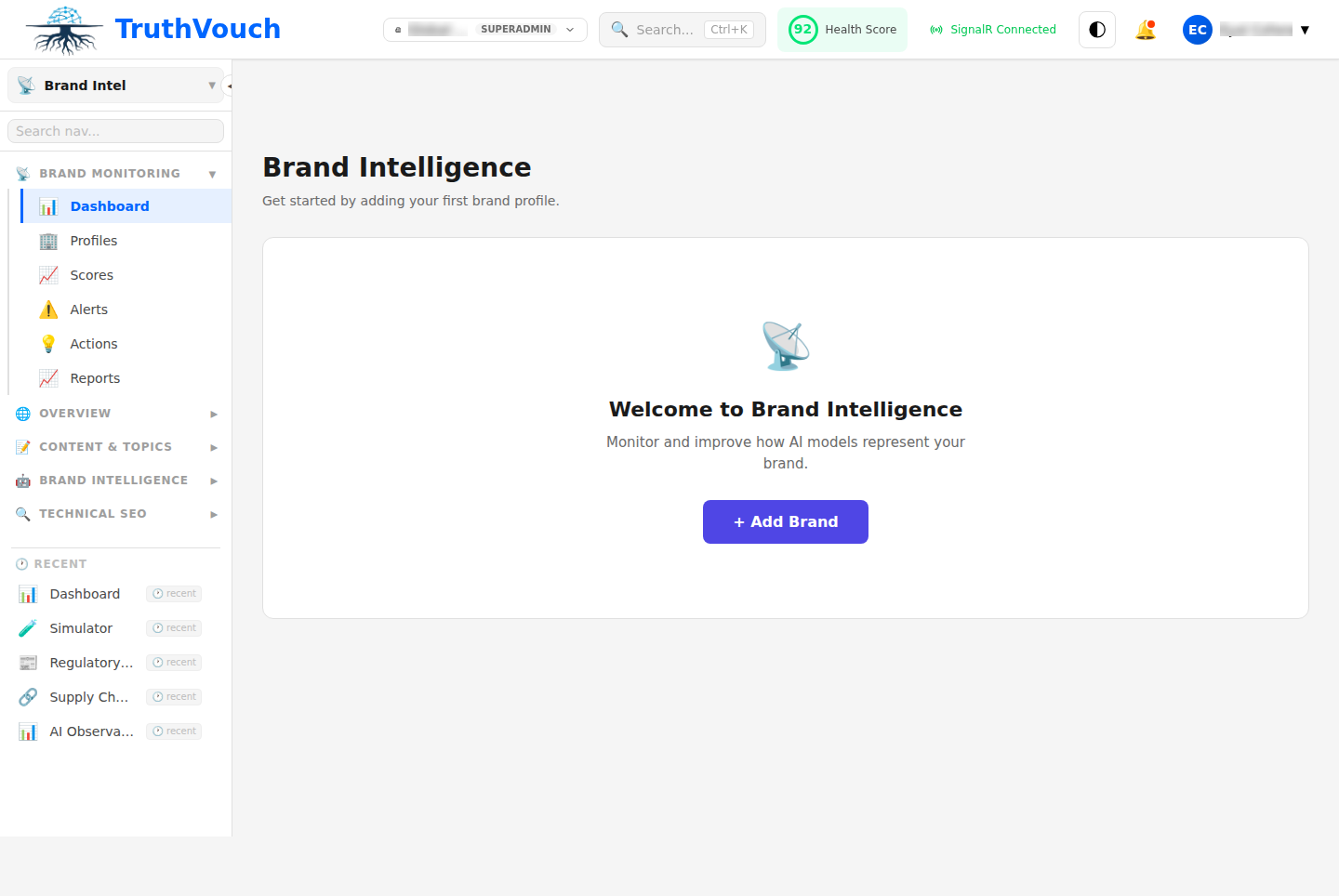 Brand Intelligence main dashboard
