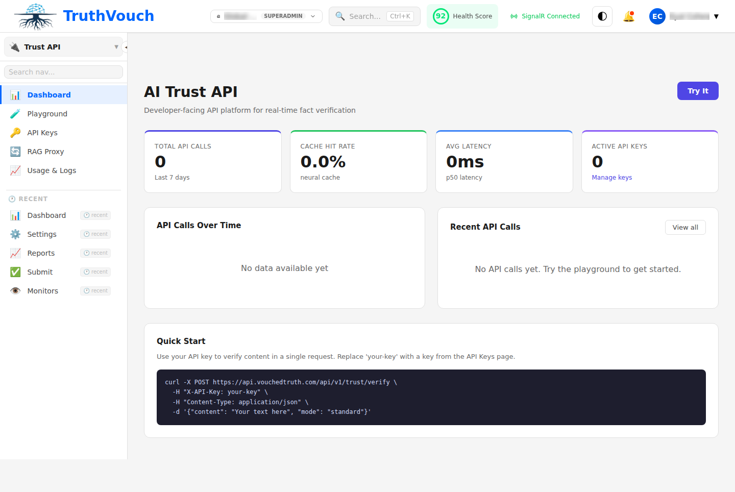 Trust API main dashboard